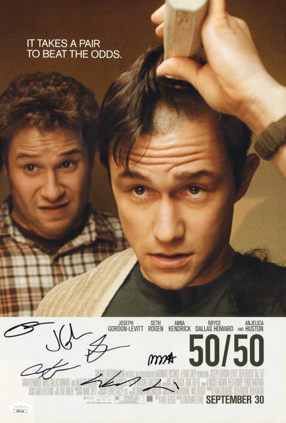 50/50 Movie (JSA) 11x17 Mini Poster Cast Signed by Seth Rogan, Anna Kendrick, Joseph Gordon-Levitt, Bryce Dallas Howard, Will Reiser, & Johnathan Levine