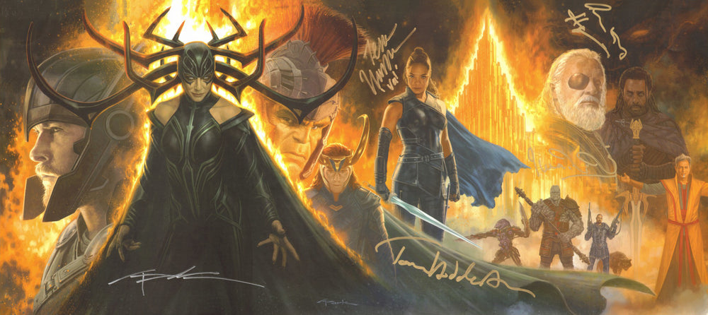 Thor: Ragnarok (SWAU) 13x29 Art Print Cast Signed by Anthony Hopkins, Tom Hiddleston, Tessa Thompson, Taika Waititi, & Greg Park