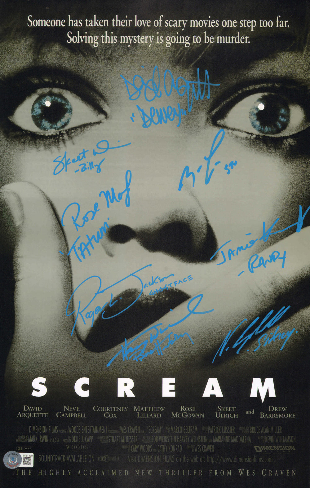 Scream (Beckett) 11x17 Mini Poster Cast Signed by David Arquette, Neve Campbell, Jamie Kennedy, Skeet Ulrich, Matthew Lillard, Rose McGowan, Roger L. Jackson, & Henry Winkler with Character Names