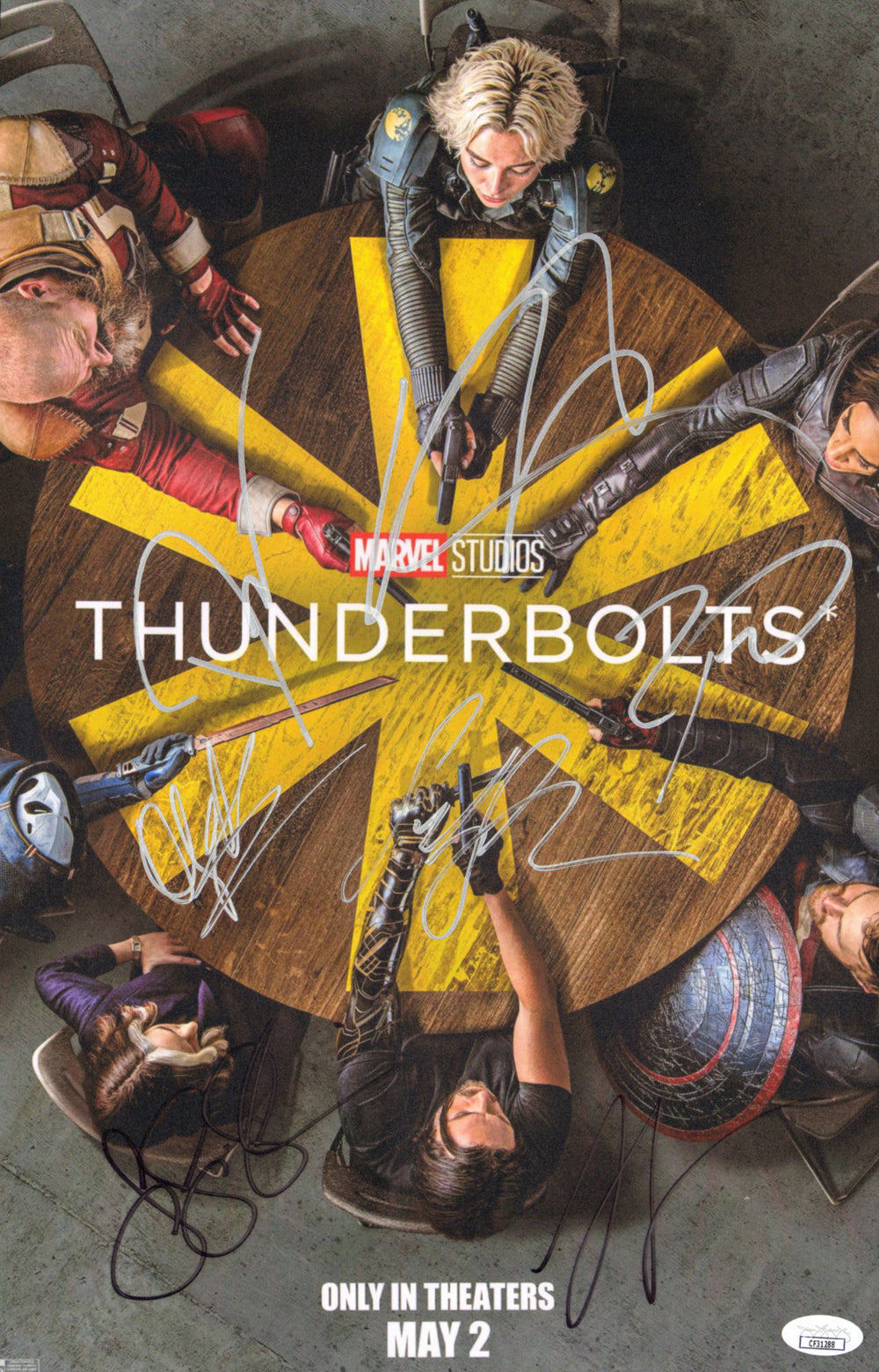 Thunderbolts* / The New Avengers (JSA) 11x17 Mini Poster Cast Signed by Sebastian Stan, Lewis Pullman, Wyatt Russell, Hannah John-Kamen, Julia Louis-Dreyfus, Olga Kurylenko, & David Harbour