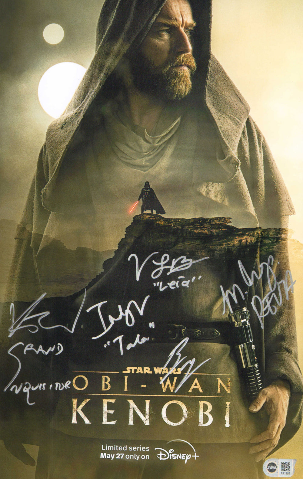 Star Wars: Obi-Wan Kenobi (SWAU) 11x17 Mini Poster Cast Signed by Ewan McGregor, Indira Varma, Moses Ingram, Vivien Lyra Blair, and Rupert Friend