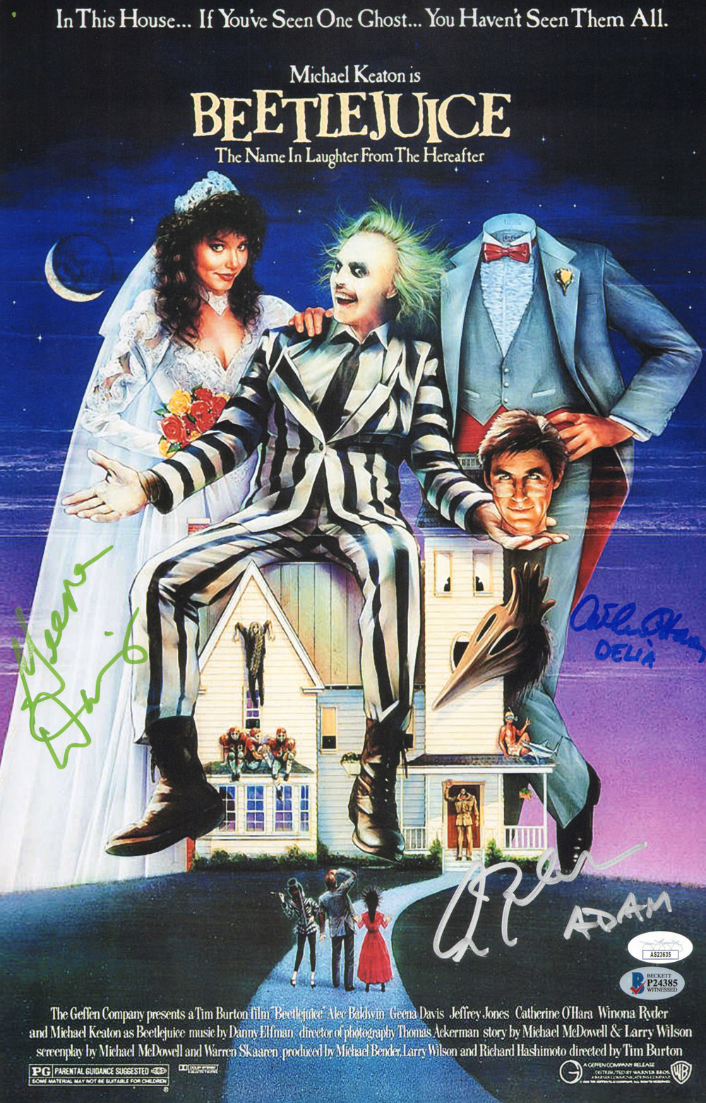Alec Baldwin as Adam Maitland, Geena Davis as Barbara Maitland, & Catherine O'Hara as Delia Deetz in Tim Burton's Beetlejuice (Beckett/JSA) Signed 11x17 Mini Poster with Character Names