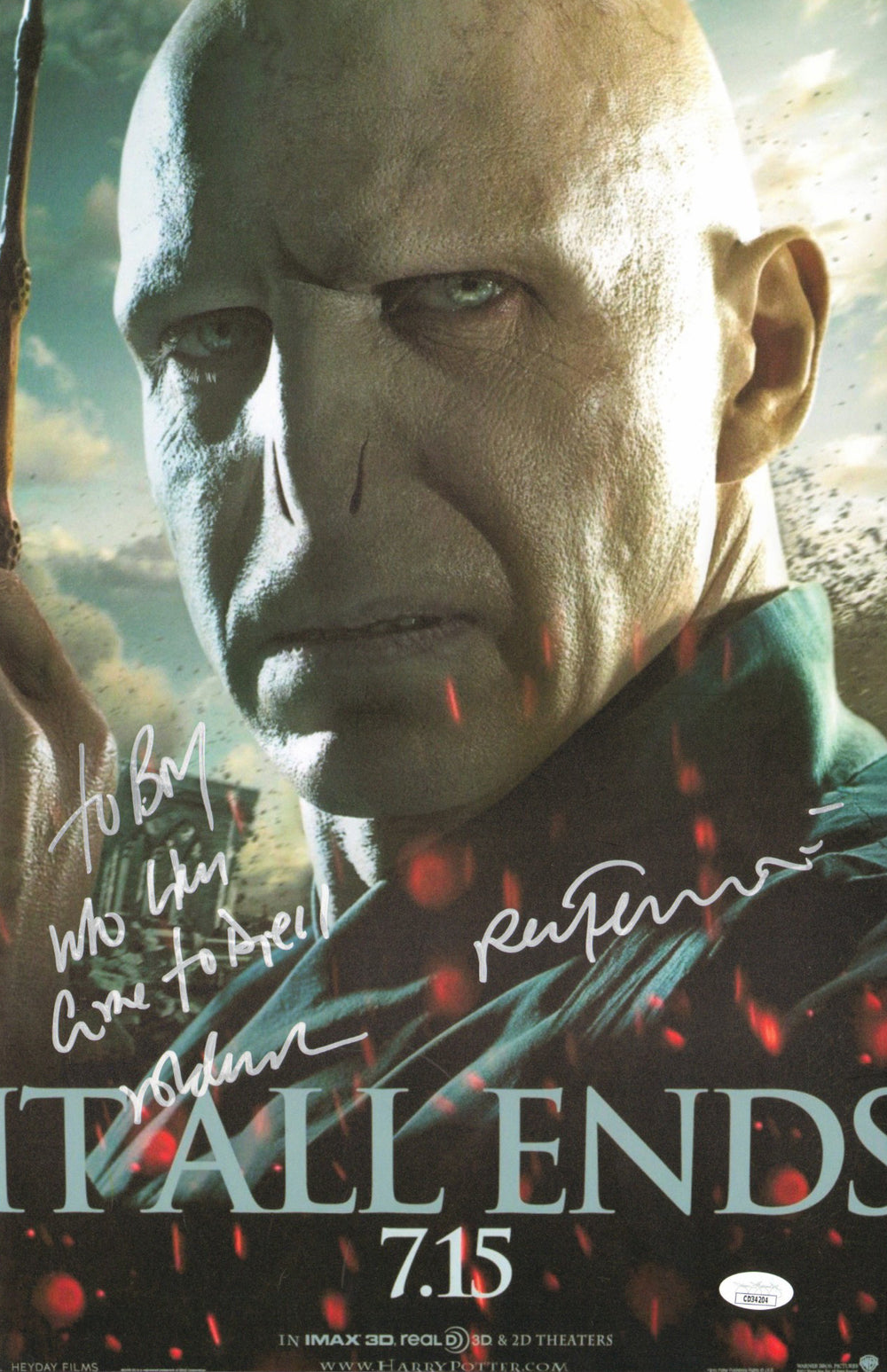 Ralph Fiennes as Lord Voldemort in Harry Potter & The Deathly Hallows Part 2 (JSA) Signed 11x17 Mini Poster with Character Name & Quote