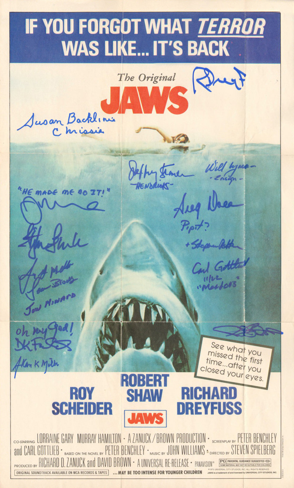 Jaws 12x20 Mini Poster Cast Signed by Richard Dreyfuss, Susan Backlinie, Jonathan Searle, Steven Searle, Jay Mello, Jon Minard, Dorothy Fielding, Jeffrey Kramer, Bill Wyman, Gregory S. Dole, Steven Potter, & Others with Character Names & Quotes