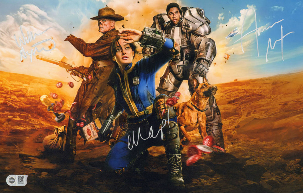 Ella Purnell as Lucy MacLean, Walton Goggins as The Ghoul, & Aaron Moten as Maximus in Fallout (SWAU) Signed 11x17 Photo