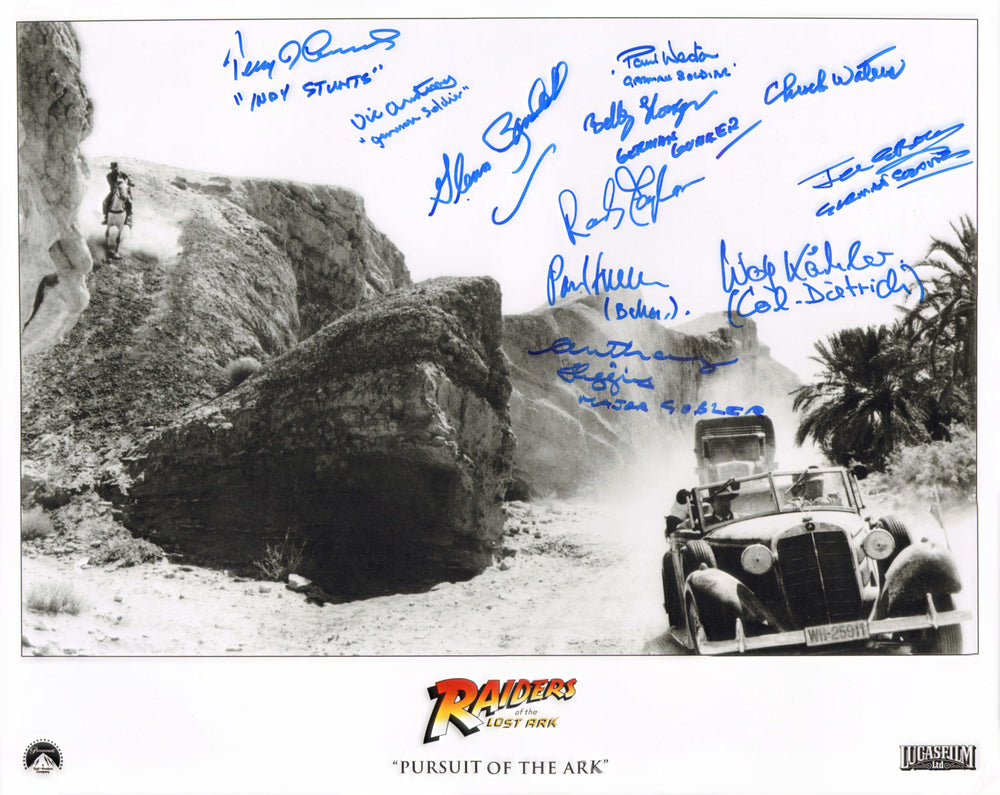 Indiana Jones & the Raiders of the Lost Ark Signed 16x20 Photo Cast Signed by Glenn Randall Jr., Vic Armstrong, Paul Weston, Chuck Waters, Joe Gibson, Terry Leonard, Wolf Kahler, Billy Horrigan, Paul Freeman, Rocky Taylor, & Anthony Higgins