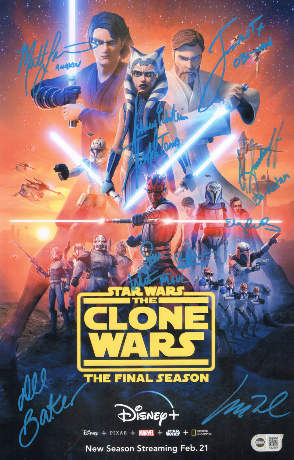 Star Wars: The Clone Wars (SWAU) 11x17 Mini Poster Cast Signed by Ashley Eckstein, James Arnold Taylor, Matt Lanter, Katee Sackhoff, Brigitte Kali, Dee Baker, Elizabeth Rodriguez, Matt Wood, & Sam Witwer with Character Names