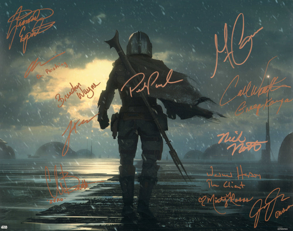 Star Wars: The Mandalorian (Topps Star Wars Authentics) 16x20 Photo Cast Signed by Pedro Pascal, Brendan Wayne, Lateef Crowder, Giancarlo Esposito, Werner Herzog, Carl Weathers, Misty Rosas, Gina Carano, Nick Nolte, & Others with Character Names