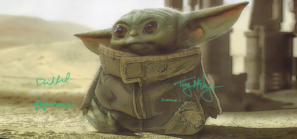 Star Wars: The Mandalorian Baby Yoda Grogu 10x20 Photo Signed by Visual Effects Artists: Tony McVey, Doug Chiang, Christian Alzmann, and David Accord