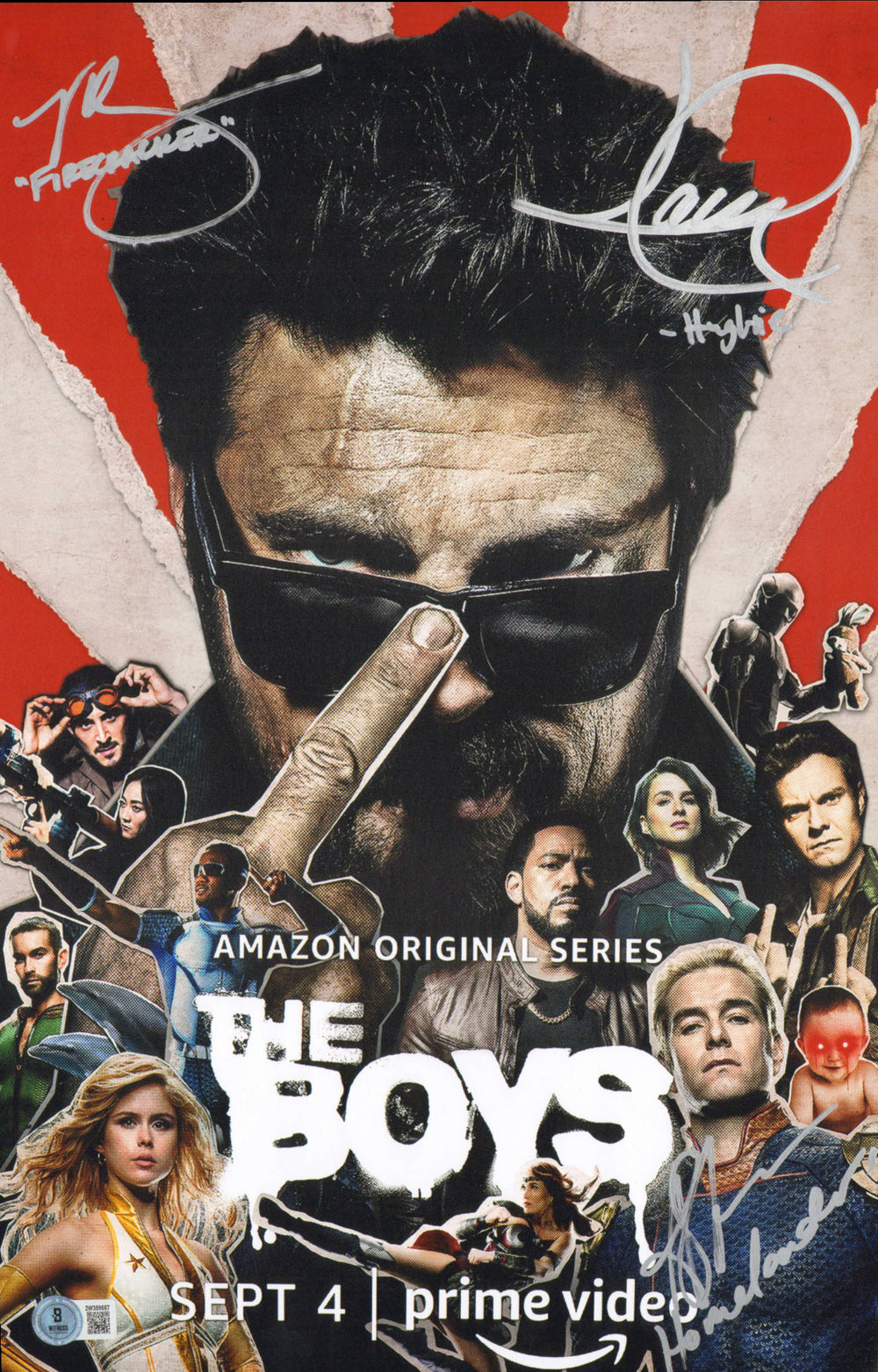 Jack Quaid as Hughie Campbell, Antony Starr as Homelander, & Valorie Curry as Firecracker in The Boys (Beckett) Signed 11x17 Mini Poster with Character Names