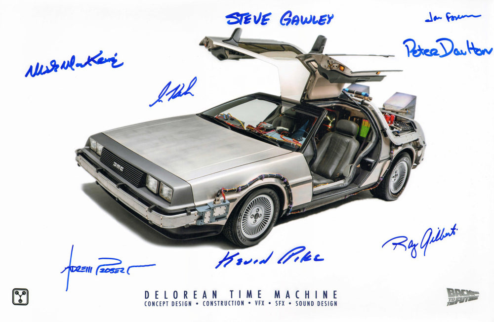 Back to the Future DeLorean Time Machine 12x18 Photo Signed by Prop Artists Peter Daulton, Kevin Pike, Jon Foreman, Ray Gilberti, Mike Mackenzie, Andrew Probert, Steve Gawley, & Ira Keeler