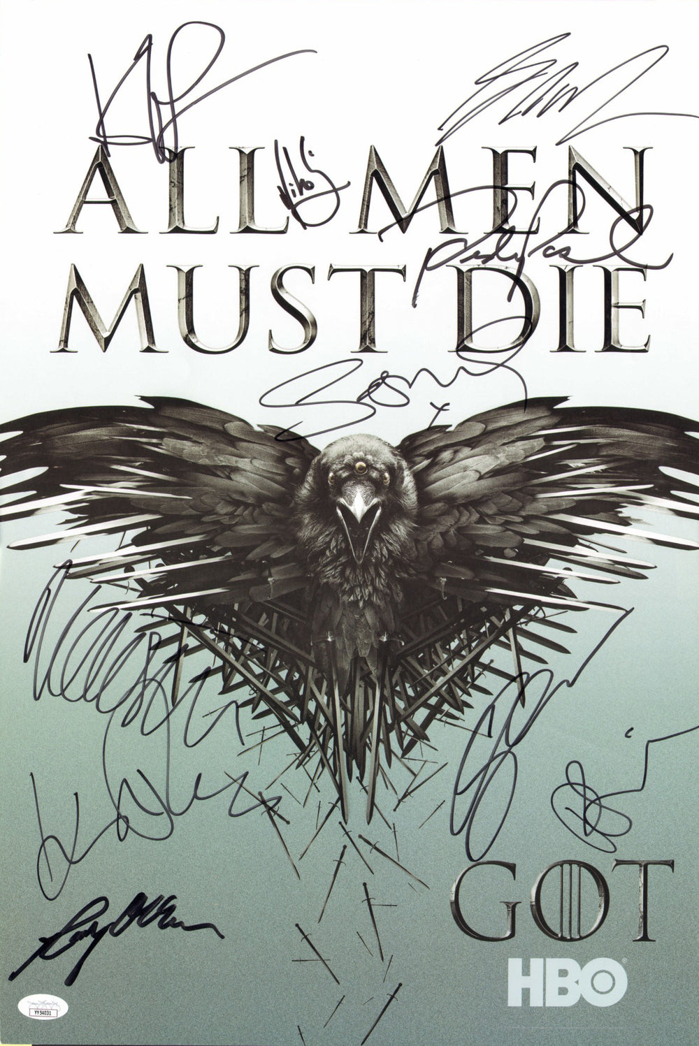 Game of Thrones (JSA) 13x20 Mini Poster Cast Signed by Pedro Pascal, Kit Harrington, John Bradley, Maise Williams, Sophie Turner, George R.R. Martin, Nikolat Coster-Waldam, Gwendoline Christie, Rory McCann, & Rose Leslie