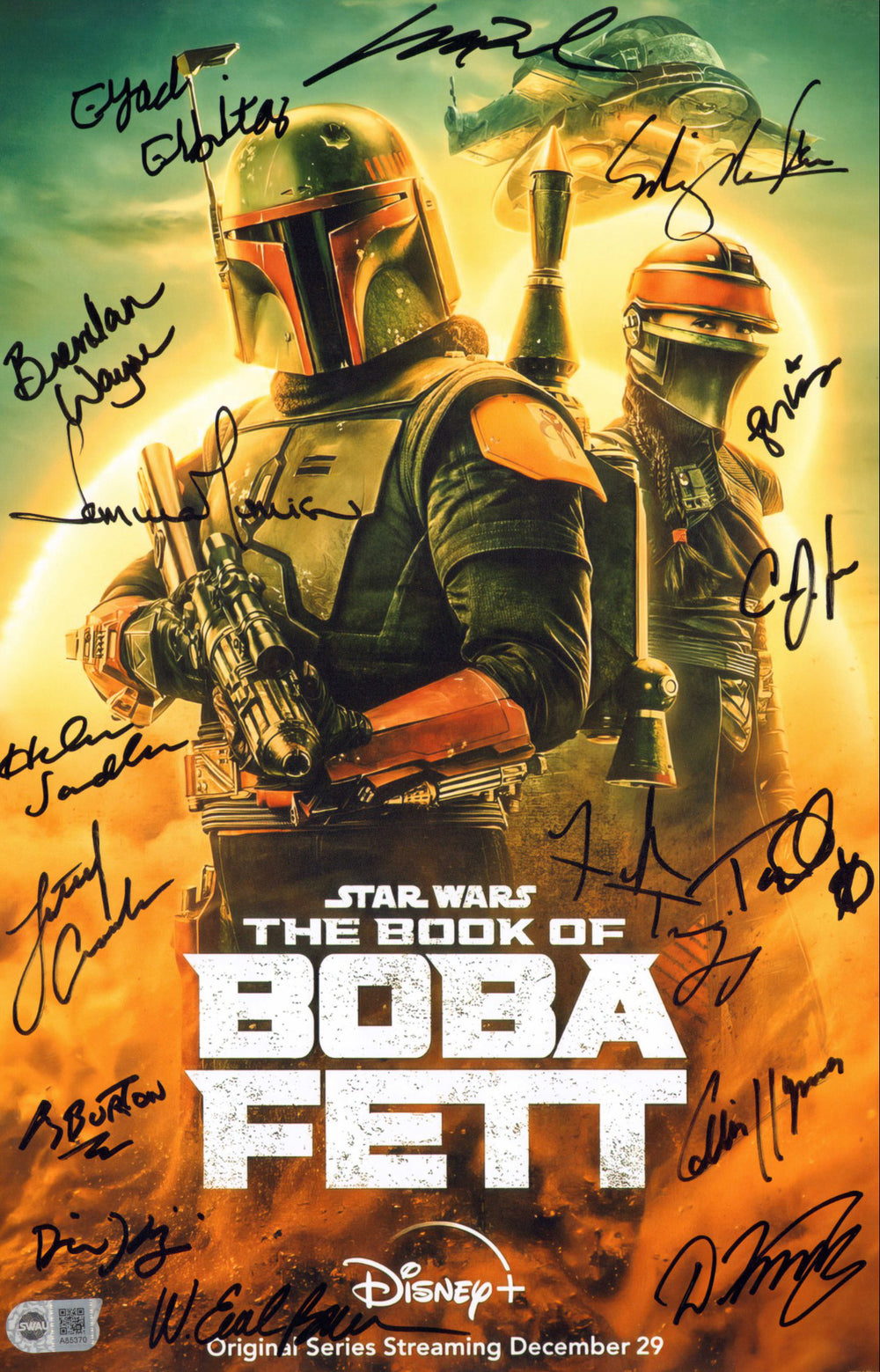 Star Wars: The Book of Boba Fett (SWAU) 11x17 Mini Poster Cast Signed by Temuera Morrison, Ming-Na Wen, Brendan Wayne, Lateef Crowder, Collin Hymes, Corey Burton, Tait Fletcher, Dmitriy Karas, Matt Wood, W. Earl Brown, & Others