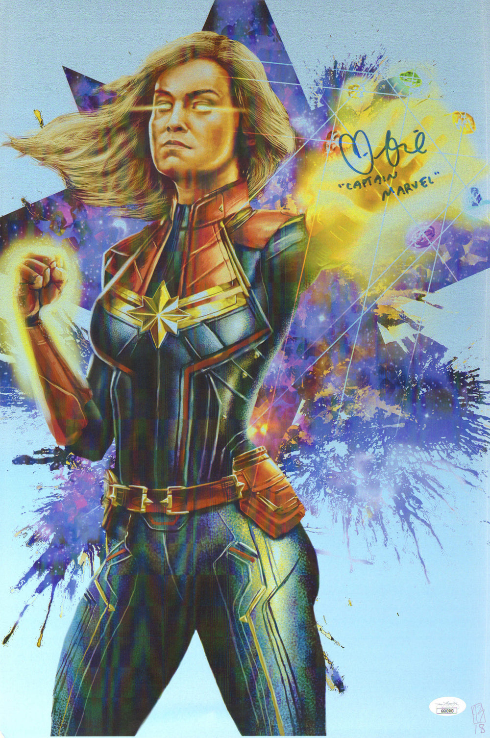 Brie Larson as Captain Marvel in Captain Marvel (JSA) Signed 13x19 Photo with Character Name
