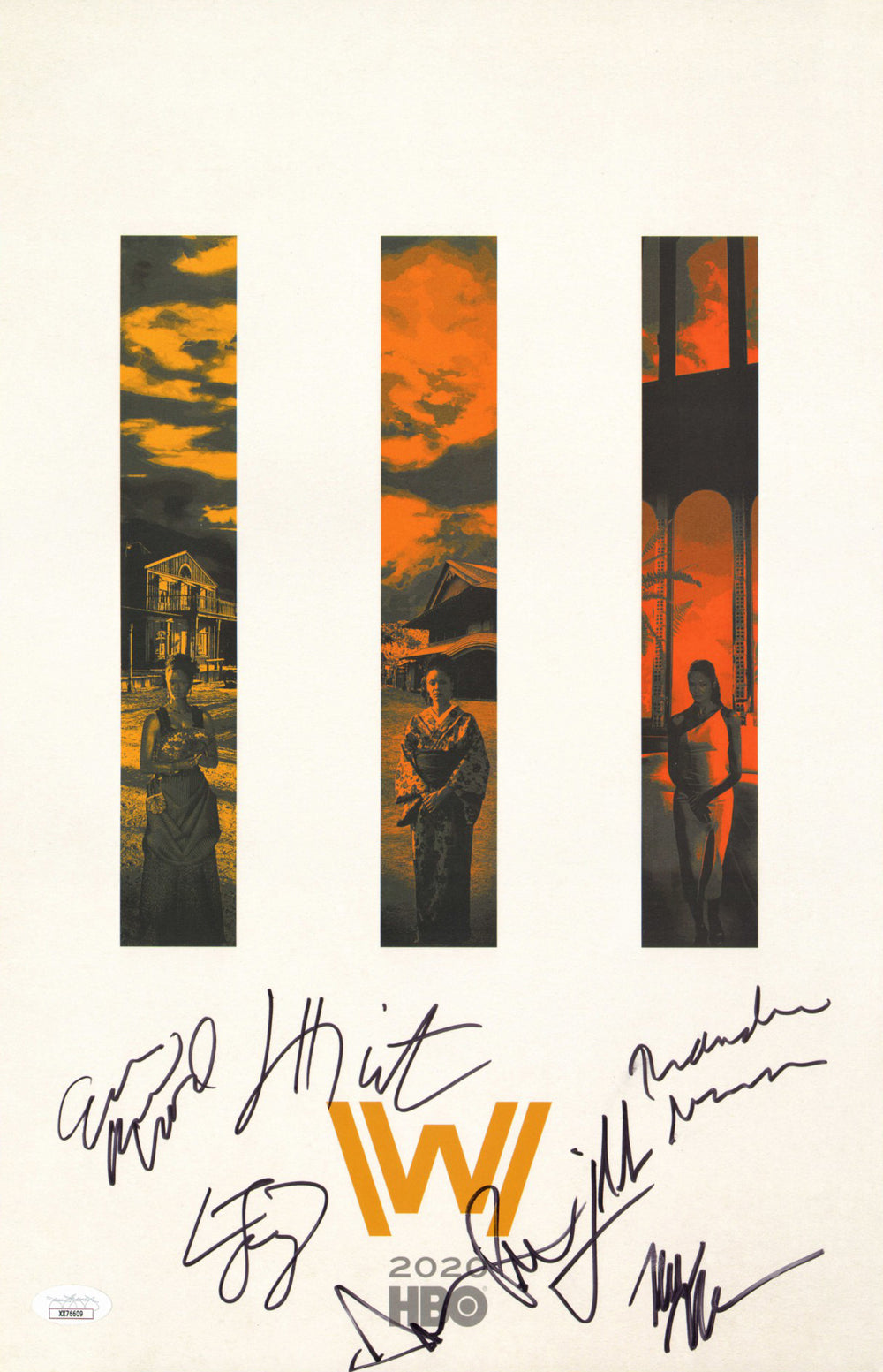 Westworld (JSA) 11x17 Mini Poster Cast Signed by Jeffrey Wright, Evan Rachel Wood, Tessa Thompson, Aaron Paul, Thandie Newton, and Creators: Jonathan Nolan & Lisa Joy