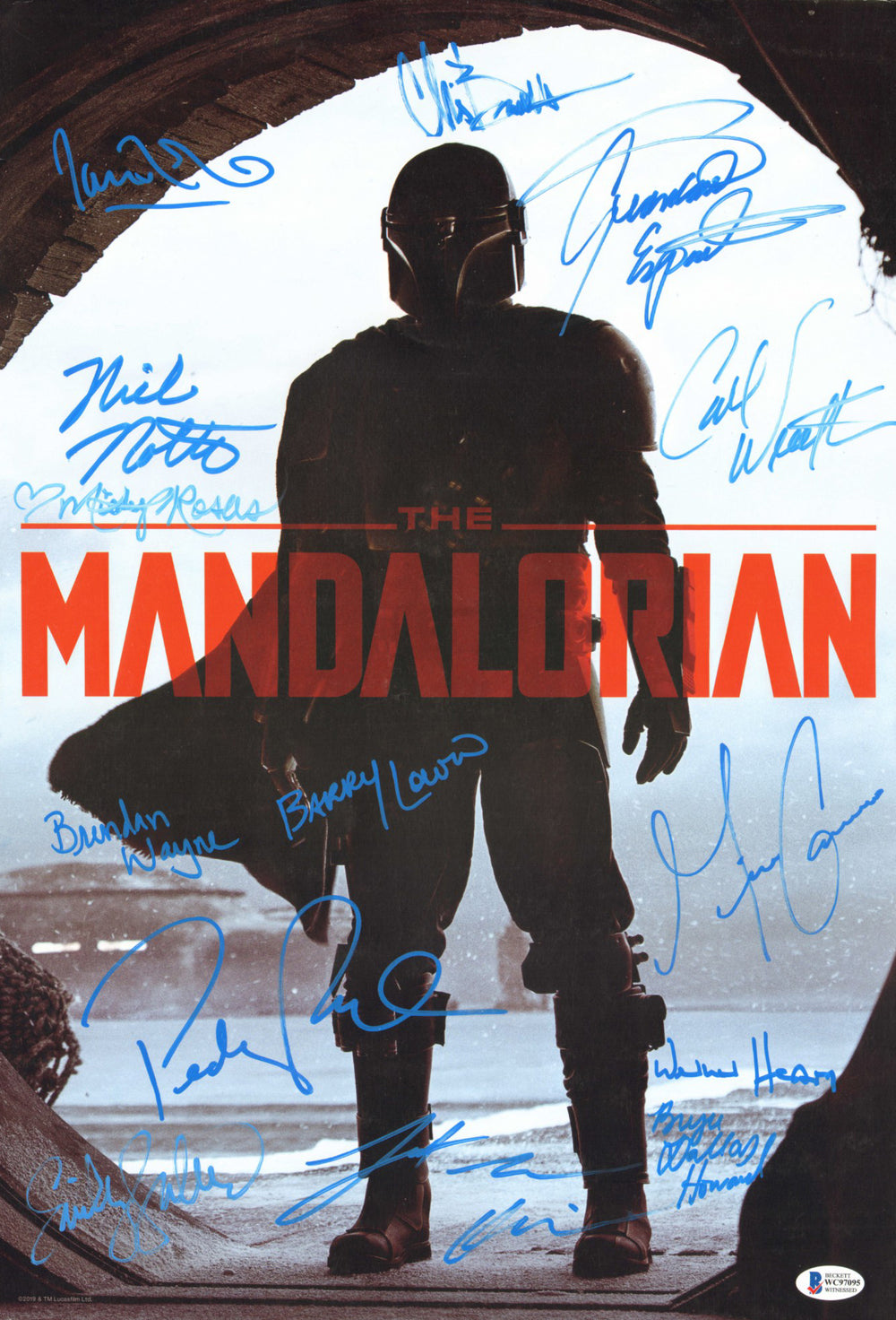 Star Wars: The Mandalorian (Beckett/SWAU) 13x19 Mini Poster Cast Signed by Pedro Pascal, Gina Carano, Nick Nolte, Brendan Wayne, Lateef Crowder, Giancarlo Esposito, Carl Weathers, Werner Herzog,  Bryce Dallas Howard, Taika Waititi, & Others