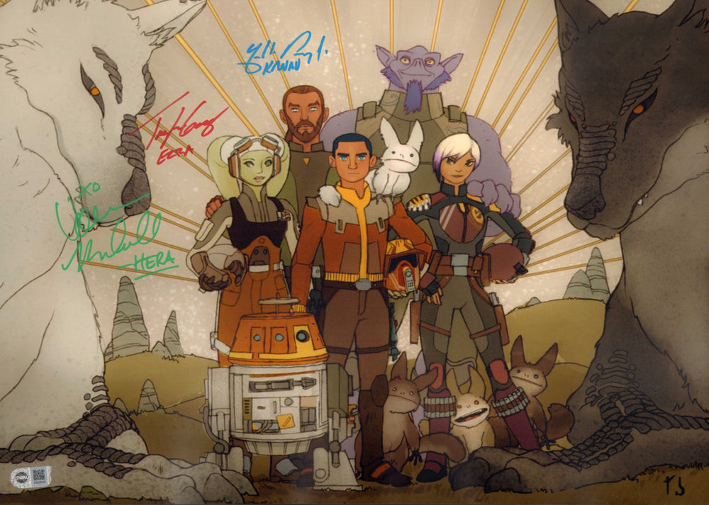 Taylor Gray as Ezra Bridger, Vanessa Marshall as Hera Syndulla, & Freddie Prinze Jr. as Kanan Jarrus in Star Wars: Rebels (SWAU) Signed 16x20 Photo with Character Names