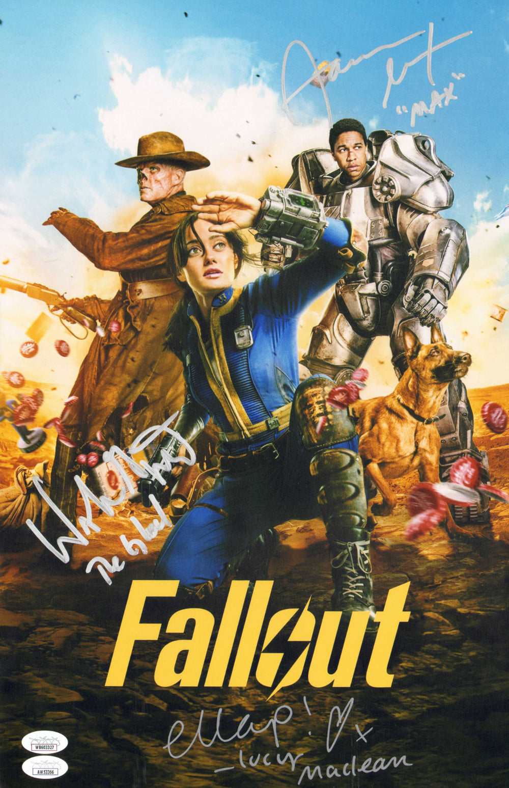 Ella Purnell as Lucy MacLean, Walton Goggins as The Ghoul, & Aaron Moten as Maximus in Fallout (JSA) Signed 11x17 Mini Poster with Character Names