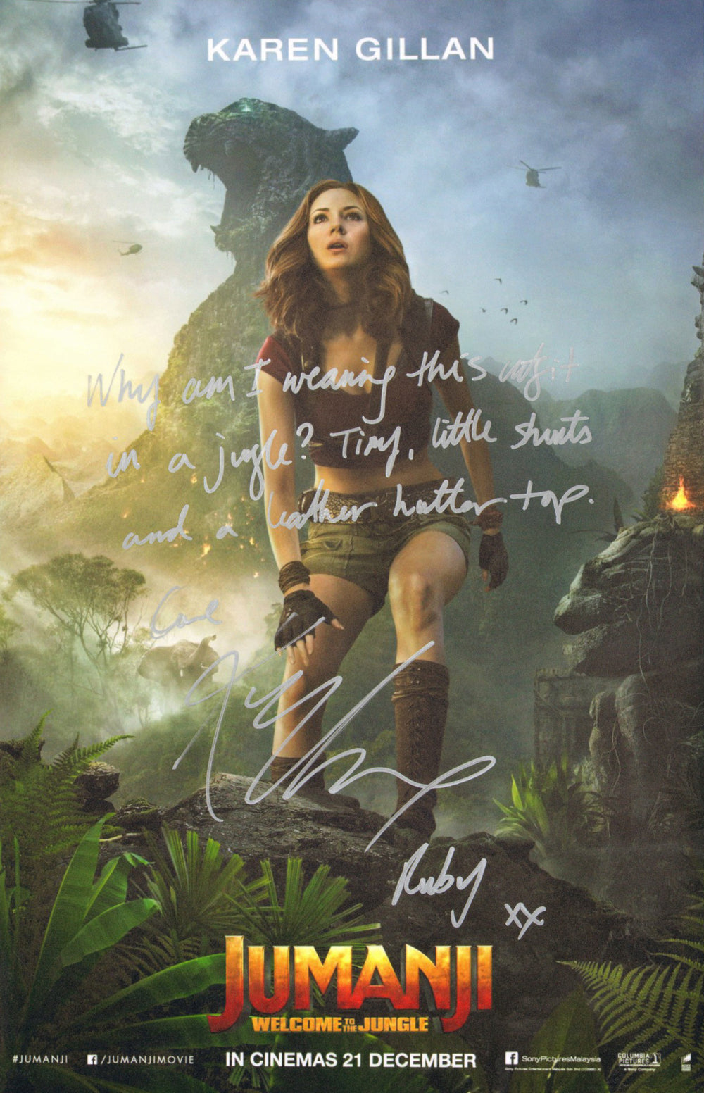 Karen Gillan as Ruby Roundhouse in Jumanji Signed 11x17 Mini Poster with Character Name & Quote