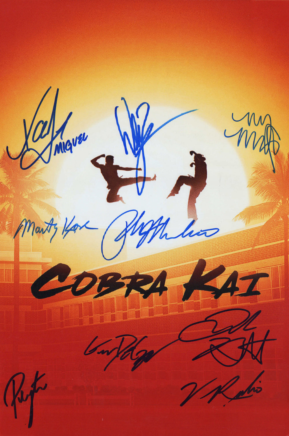 Cobra Kai 12x18 Mini Poster Cast Signed by  Ralph Macchio, Martin Kove, William Zabka, Oxolo Mardiuena, Mary Mouser, Jacob Bertrand, Gianni Dicenzo, Vanessa Rubio, and Peyton List