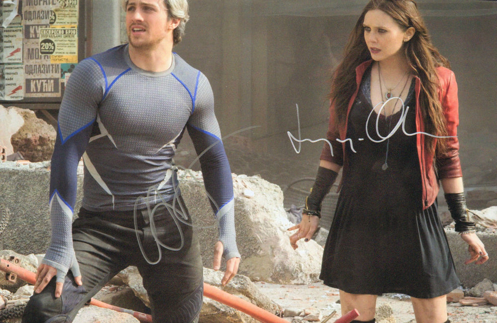 Aaron Taylor-Johnson as Pietro Maximoff & Elizabeth Olsen as Wanda Maximoff in Avengers: Age of Ultron Signed 12x18 Photo