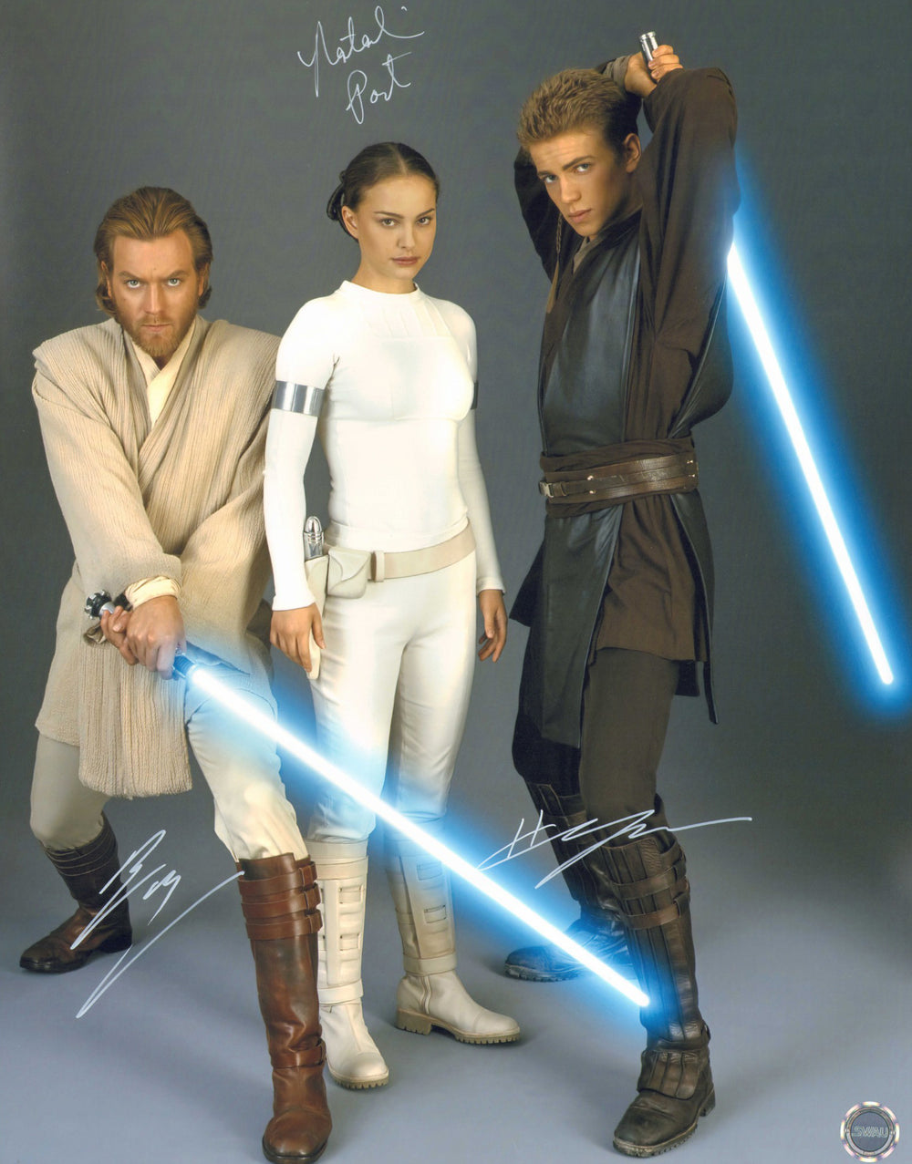 Ewan McGregor as Obi-Wan Kenobi, Natalie Portman as Padme Amidala, & Hayden Christensen as Anakin Skywalker in Star Wars Episode II: Attack of the Clones (SWAU) Signed 16x20 Photo