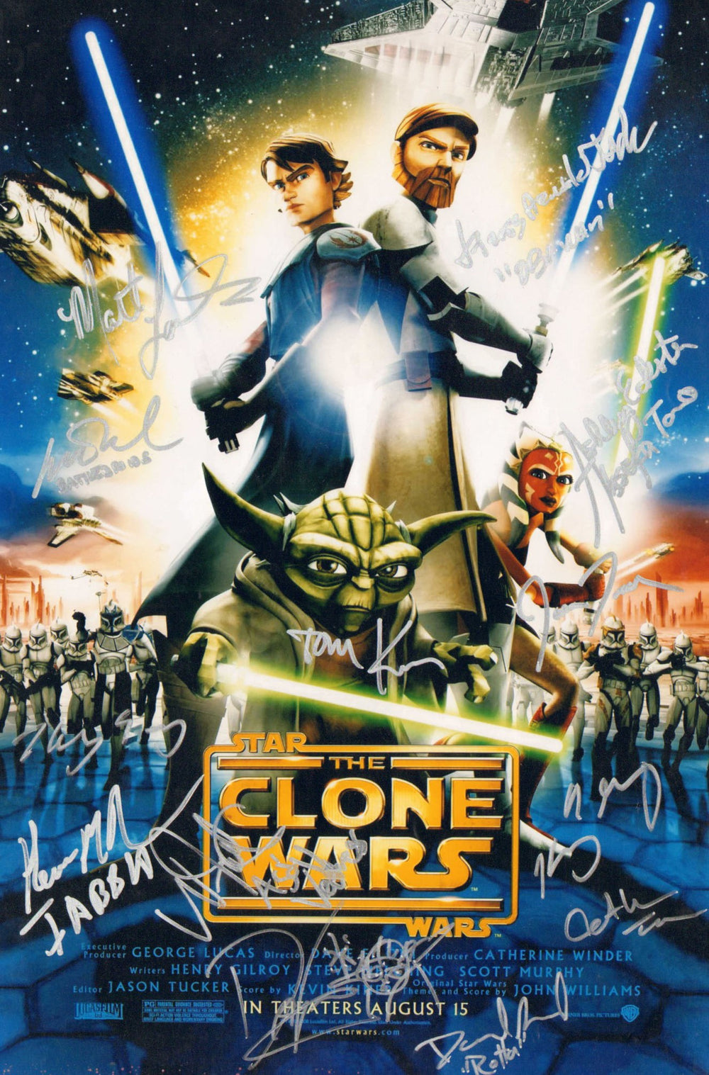 Star Wars: The Clone Wars 12x18 Mini Poster Cast Signed by Ashley Eckstein, Matt Lanter, James Arnold Taylor, Tom Kane, Catherine Taber, Matthew Wood, Nika Futtterman, & Dave Filioni with Yoda Sketch Art