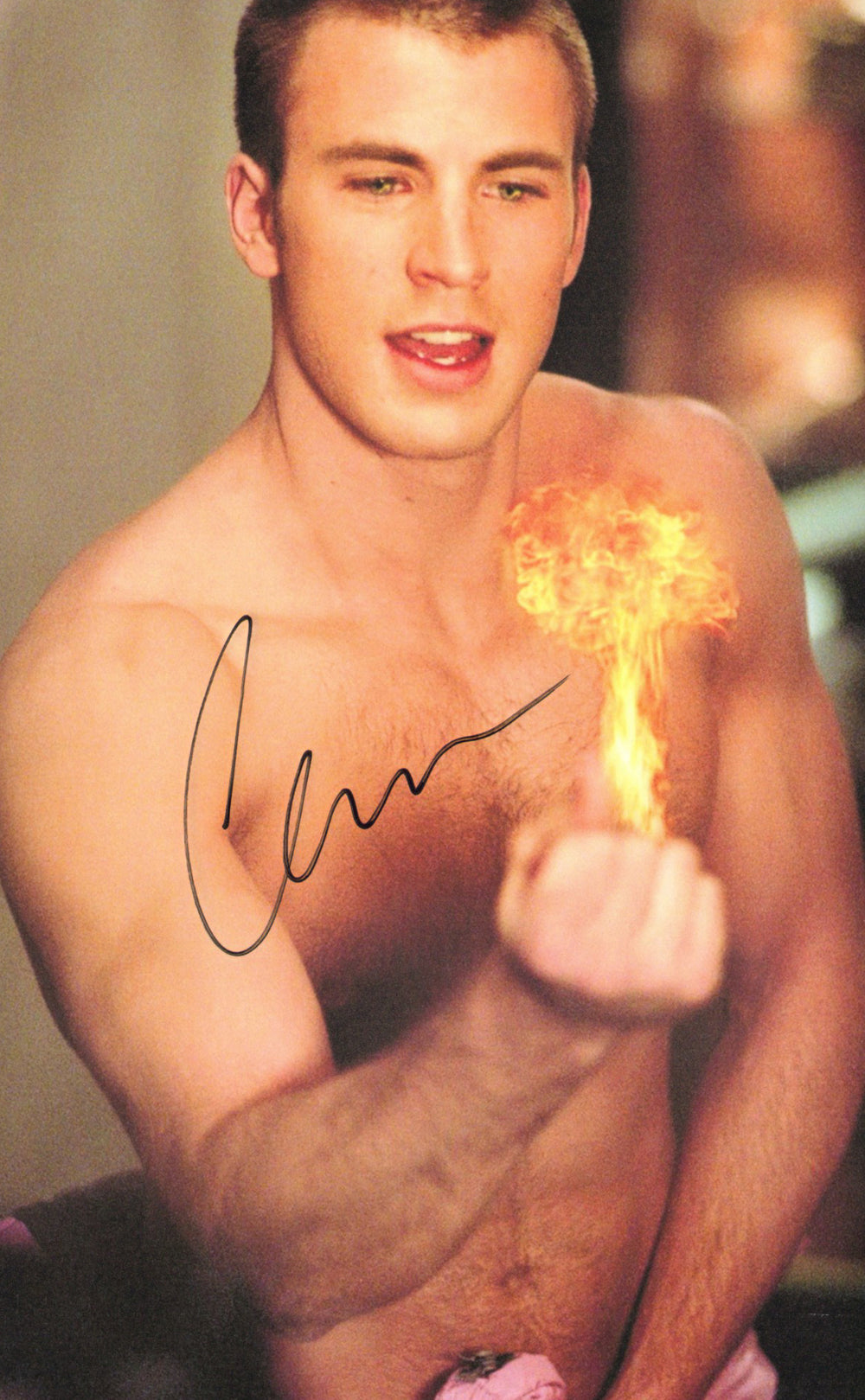Chris Evans as Johnny Storm / Human Torch Shirtless in Fantastic Four Signed 11x17 Photo