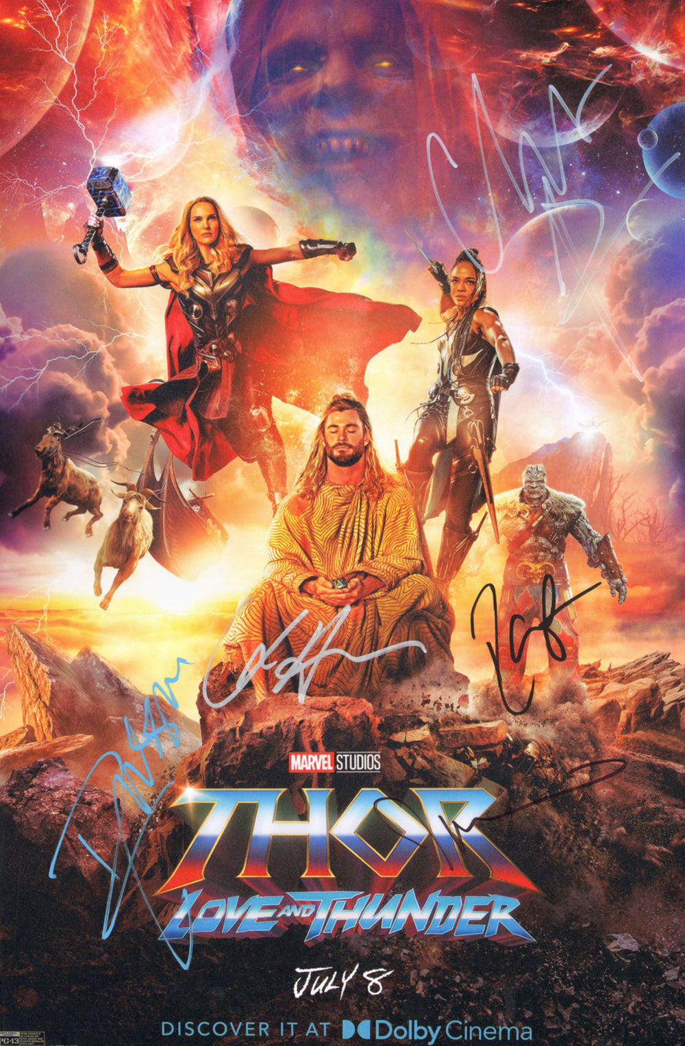 Thor: Love And Thunder 12x18 Mini Poster Cast Signed by Chris Hemsworth, Christian Bale, Russell Crowe, Idris Elba, & Director: Taika Waititi