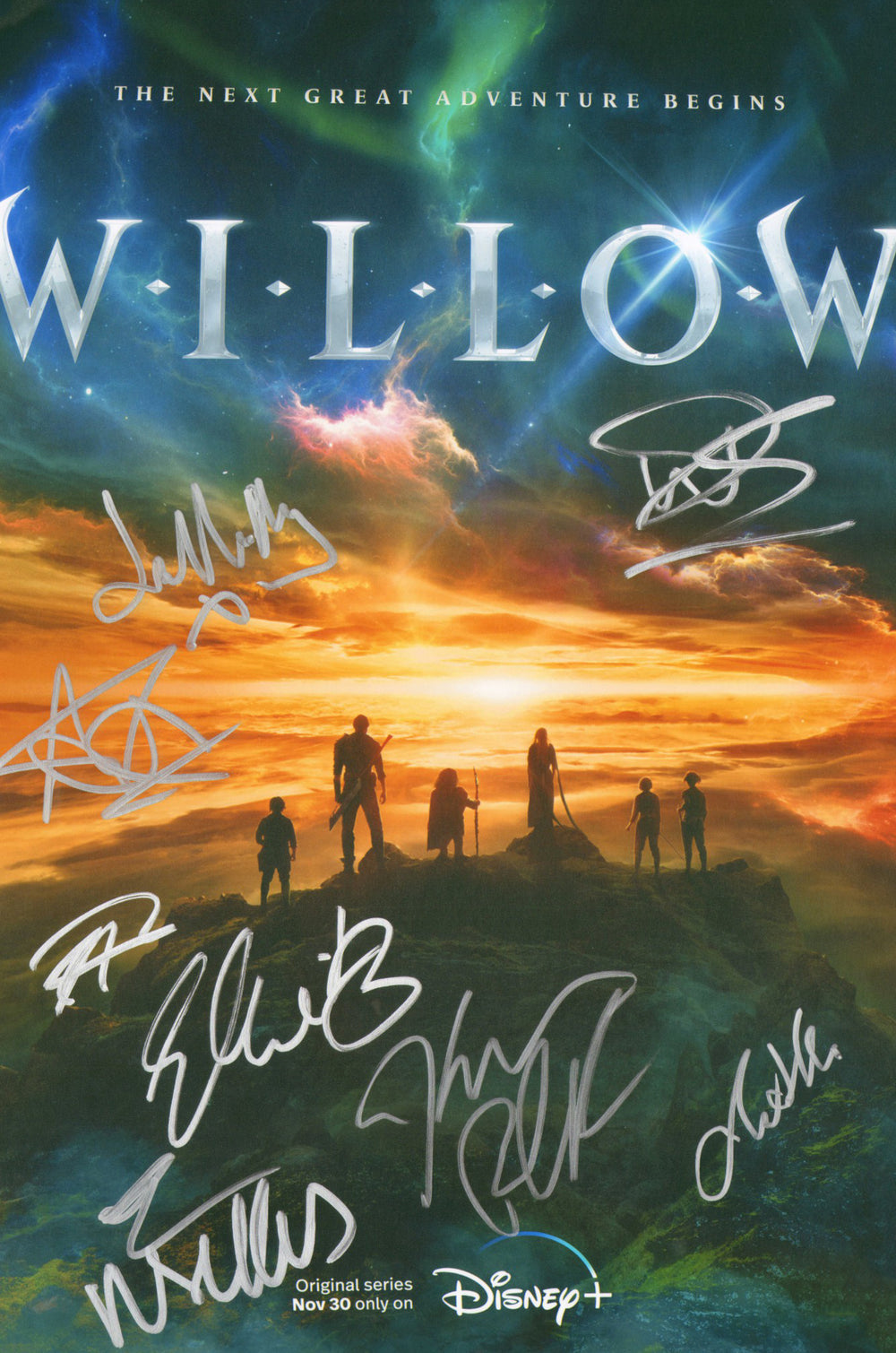 Willow 12x18 Mini Poster Cast Signed by Warwick Davis, Joanne Whalley, Ellie Bamber, Tony Revolori, Annabelle Davis, Rosabell Laurenti Sellers, Amar Chadha-Patel, & Kevin Pollak