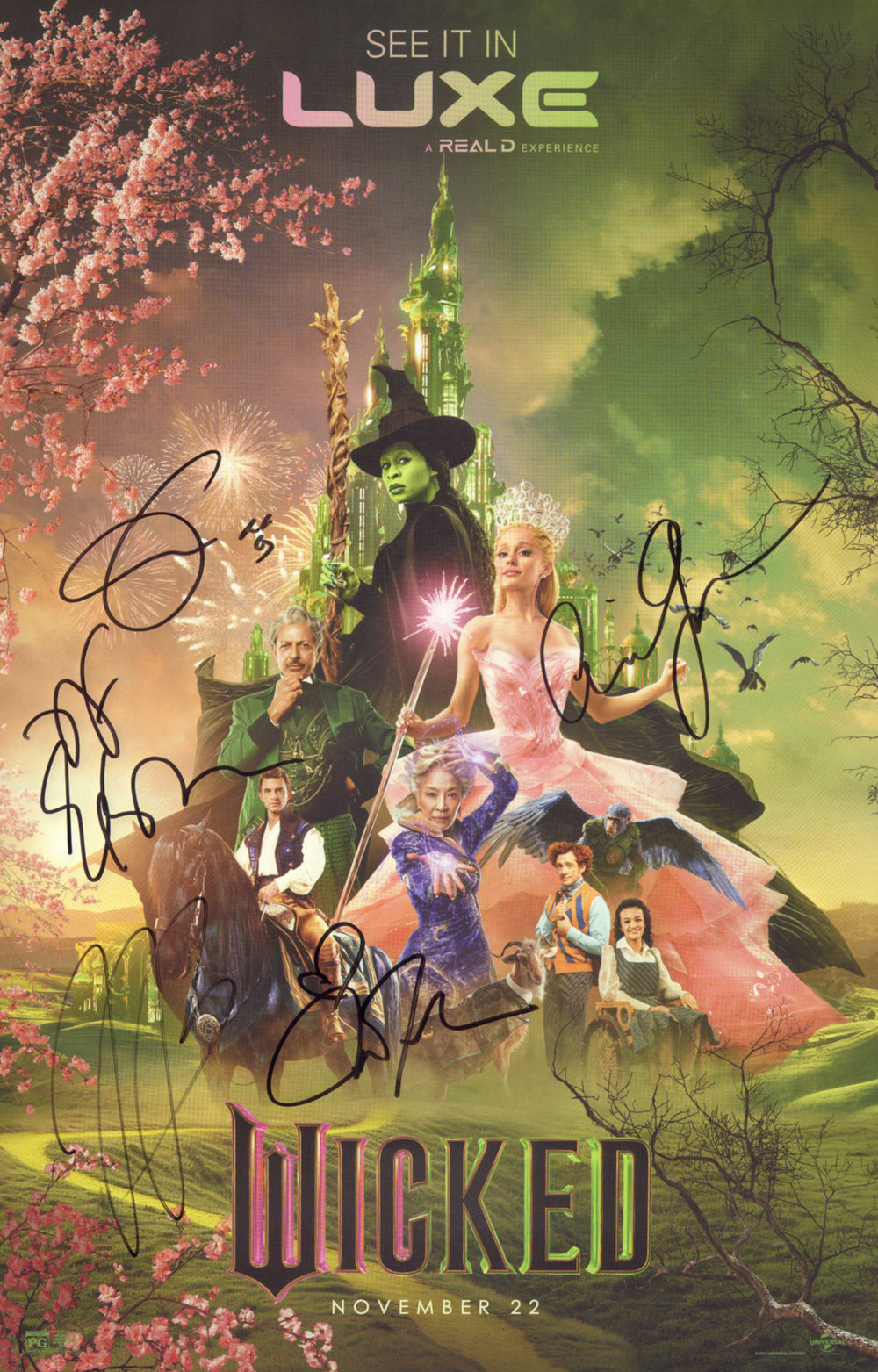 Wicked 11x17 Mini Poster Cast Signed by Cynthia Erivo, Ariana Grande, Jonathan Bailey, Michelle Yeoh, & Jeff Goldblum