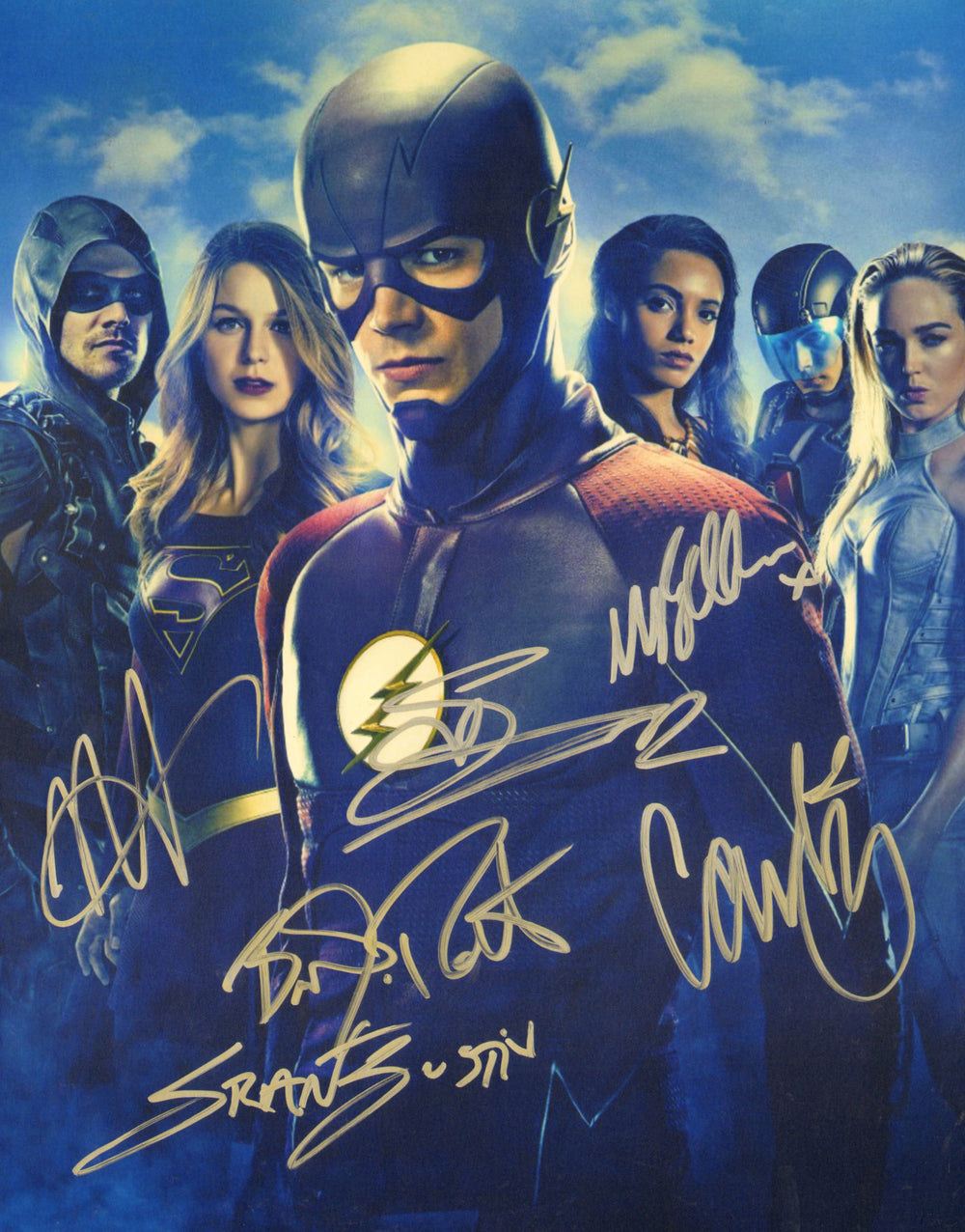 Arrowverse The Flash / Green Arrow CW 11x14 Photo Cast Signed by Stephen Amell, Grant Gustin, Caity Lotz, Melissa Benoist, Brandon Routh, & Maise Richardson-Seller