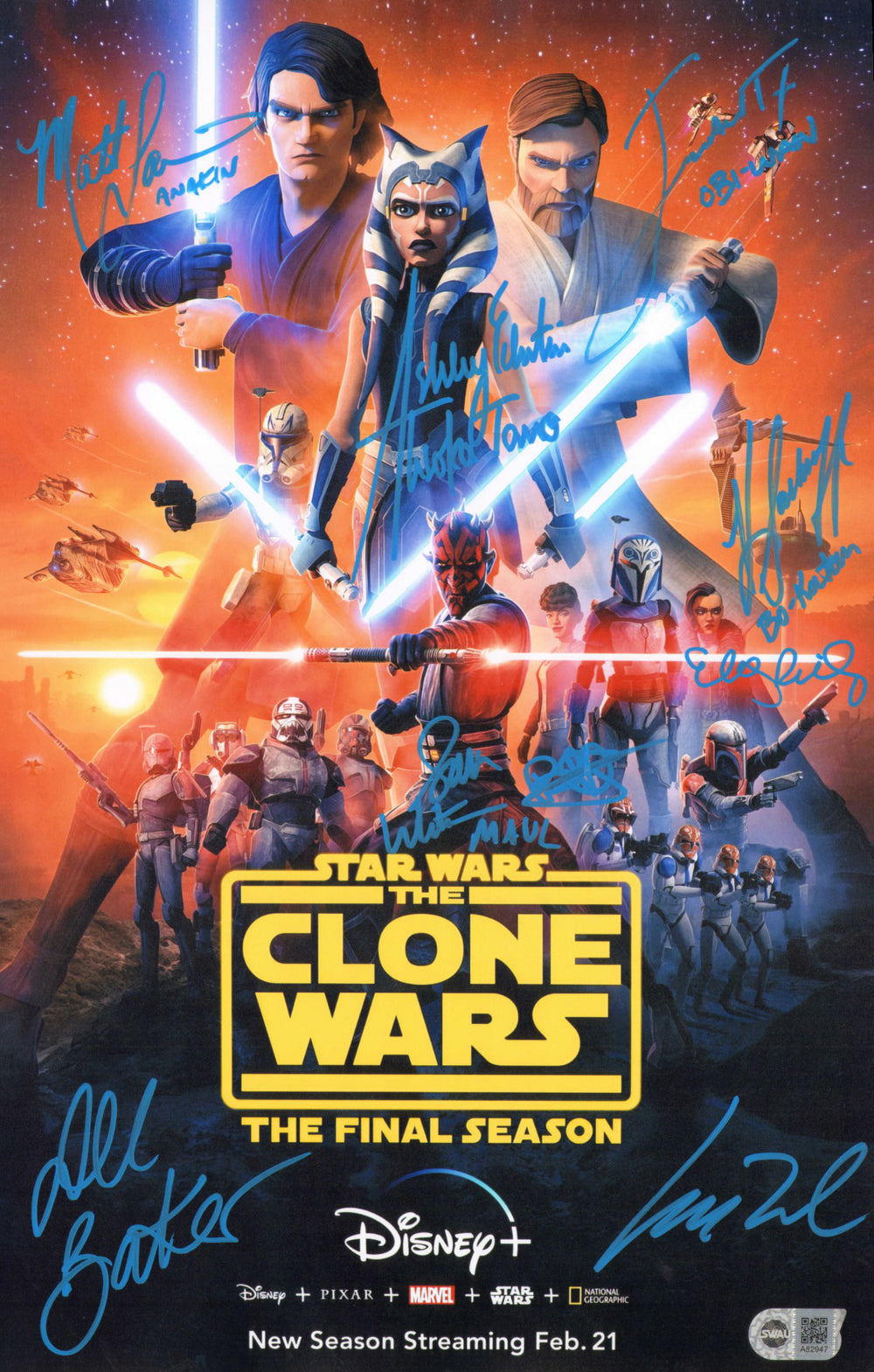 Star Wars: The Clone Wars (SWAU) 11x17 Mini Poster Cast Signed by Ashley Eckstein, James Arnold Taylor, Matt Lanter, Katee Sackhoff, Brigitte Kali, Dee Baker, Elizabeth Rodriguez, Matt Wood, & Sam Witwer with Character Names