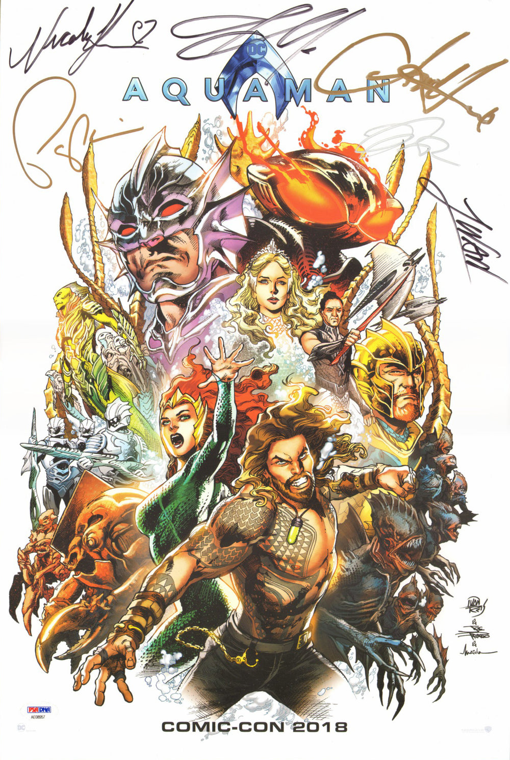 Aquaman 14x20 Mini Poster (PSA) Cast Signed by Jason Momoa, Nicole Kidman, Amber Heard, Patrick Wilson, Yahya Abdul-Mateen II, & James Wan