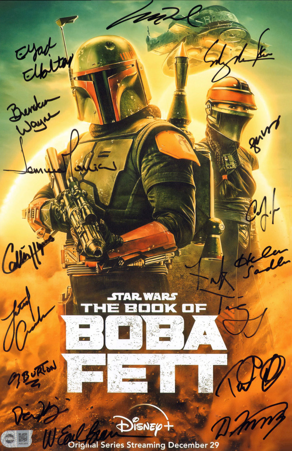 Star Wars: The Book of Boba Fett (SWAU) 11x17 Mini Poster Cast Signed by Temuera Morrison, Ming-Na Wen, Brendan Wayne, Lateef Crowder, Collin Hymes, Corey Burton, Tait Fletcher, Dmitriy Karas, Matt Wood, W. Earl Brown, & Others