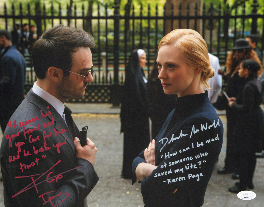 Charlie Cox as Matt Murdock & Deborah Ann Woll as Karen Page in Daredevil (JSA) Signed 11x14 Photo with Character Names & Quotes