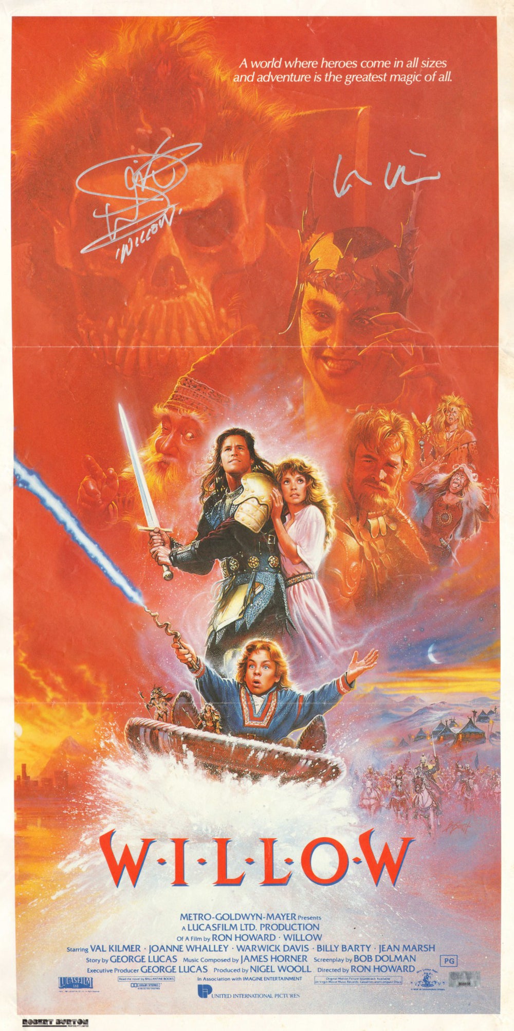 Warwick Davis as Willow & Val Kilmer as Madmartigan in Willow Signed 13x30 Folded Poster with Character Name