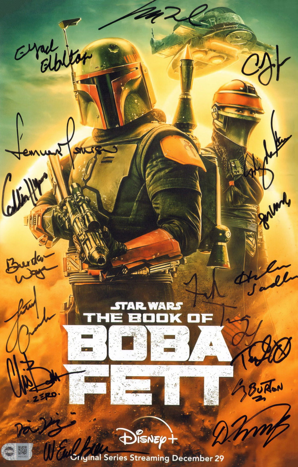 Star Wars: The Book of Boba Fett (SWAU) 11x17 Mini Poster Cast Signed by Temuera Morrison, Ming-Na Wen, Brendan Wayne, Lateef Crowder, Collin Hymes, Corey Burton, Tait Fletcher, Dmitriy Karas, Matt Wood, W. Earl Brown, & Others