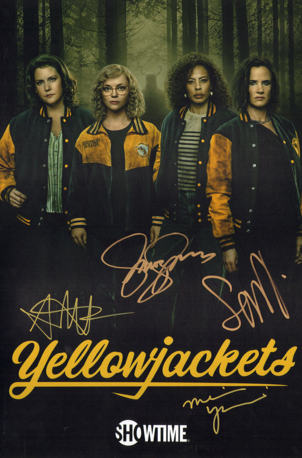 Yellowjackets 12x18 Mini Poster Cast Signed by Melanie Lynskey, Juliette Lewis, Sophie Nélisse, & Tawny Cypress