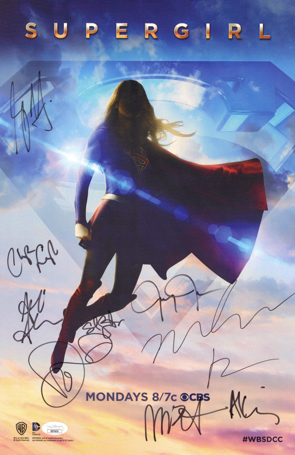 Supergirl (JSA) 11x17 Mini Poster Cast Signed by Melissa Benoist, Chyler Leigh, Ali Adleg, Mehcad Brooks, Jeremy Jordan, Sarah Schecter, David Harewood, Greg Berlanti & Andrew Kreisberg