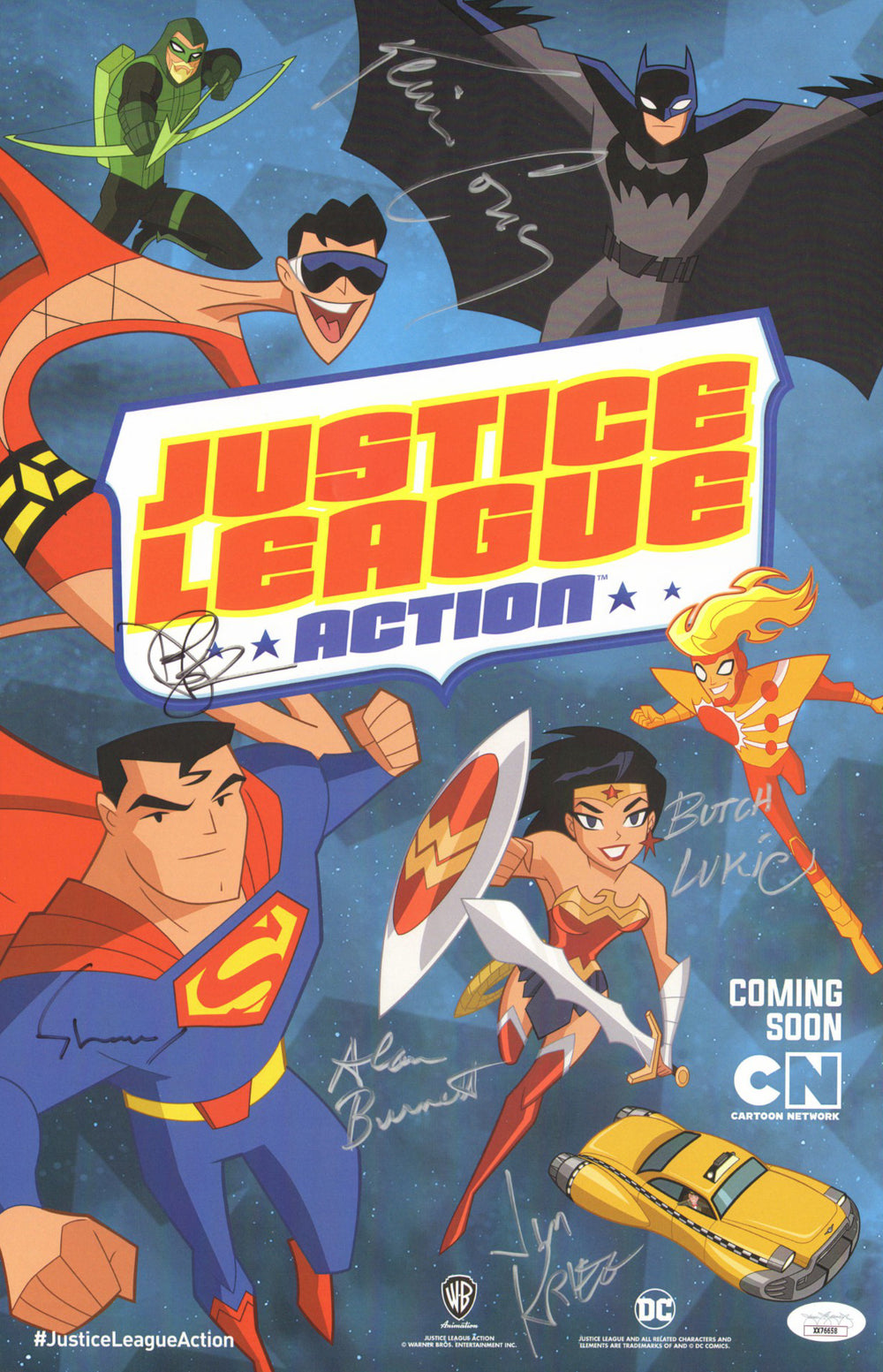 Justice League Action 11x17 Mini Poster (JSA) Cast Signed by Kevin Conroy, Deidrich Bader, Alan Burnett, Jim Krieg, & Butch King
