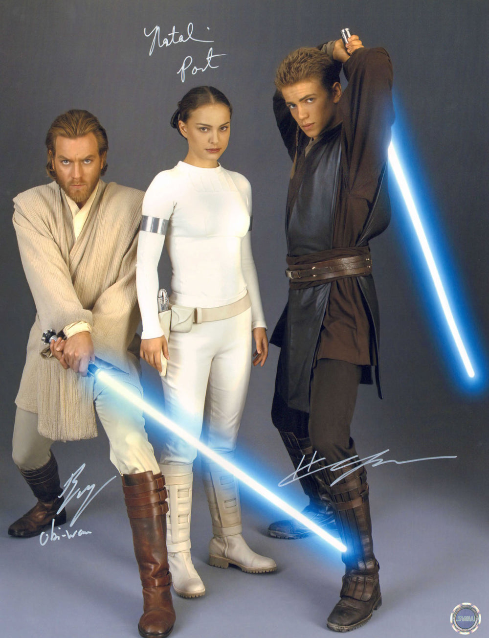 Ewan McGregor as Obi-Wan Kenobi, Natalie Portman as Padme Amidala, & Hayden Christensen as Anakin Skywalker in Star Wars Episode II: Attack of the Clones (SWAU) Signed 16x20 Photo