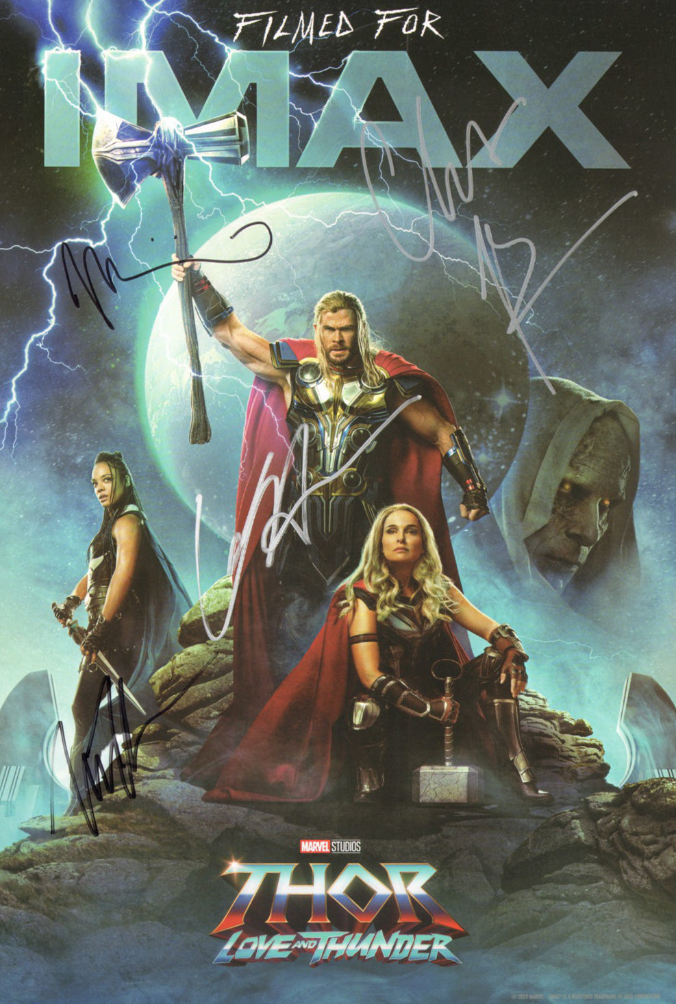 Thor: Love & Thunder 11x16.5 Mini Poster Cast Signed by Chris Hemsworth, Christian Bale, Tessa Thompson, & Director: Taika Waititi