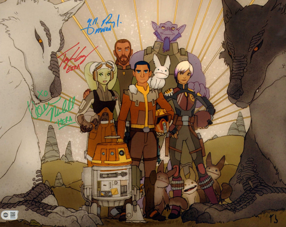 Taylor Gray as Ezra Bridger, Vanessa Marshall as Hera Syndulla, and Freddie Prinze Jr. as Kanan Jarrus in Star Wars: Rebels (SWAU) Signed 16x20 Photo with Character Names