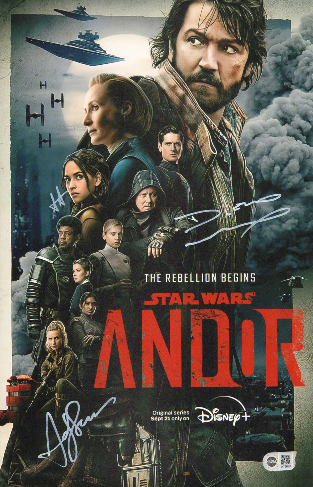 Diego Luna as Cassian Andor, Adria Arjona as Bix Caleen, and Andy Serkis as Kino Loy in Star Wars: Andor (SWAU) Signed 11x17 Mini Poster
