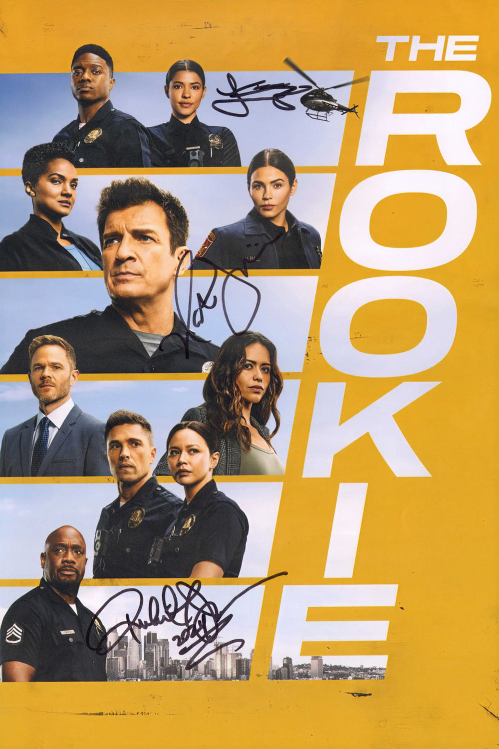 Nathan Fillion as John Nolan, Richard T. Jones as Wade Grey, & Lisseth Chavez as Celina Juarez in The Rookie Signed 12x18 Mini Poster
