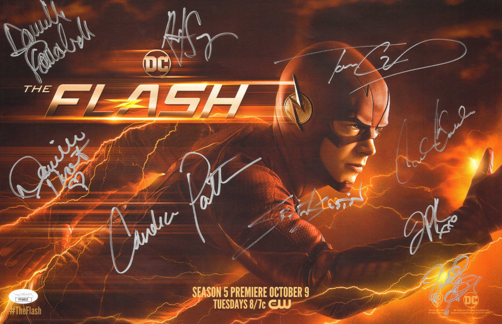 CW's The Flash (JSA) 11x17 Mini Poster Cast Signed by Grant Gustin, Tom Cavanaugh, Danielle Panabaker, Carlos Valdes, Jessica Parker-Kennedy, Todd Helbing, Candace Patton, Danielle Nicolet, & Hartley Swayer