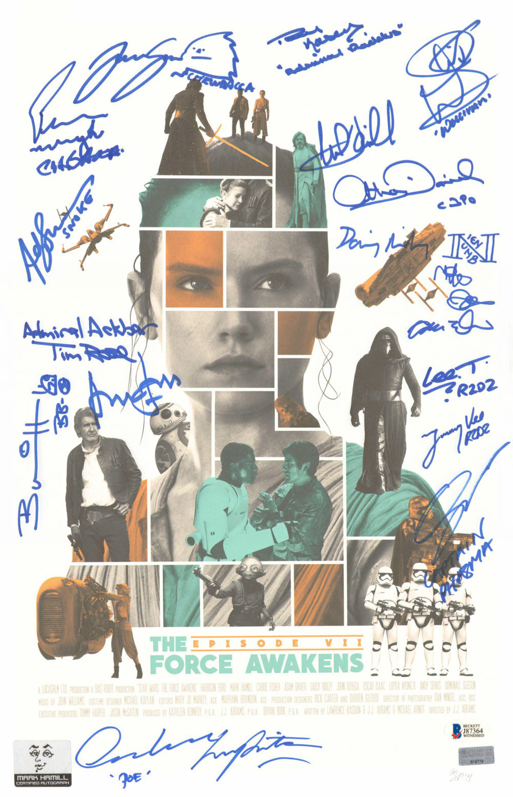 Star Wars: The Force Awakens (SWAU/Official Pix/Beckett/Celebrity Authentics) 11x17 Art Print Cast Signed by Harrison Ford, Mark Hamill, Daisy Ridley, Adam Driver, Oscar Isaac, Anthony Daniels, Peter Mayhew, Lupita Nyong'o, Tim Rose, & Others