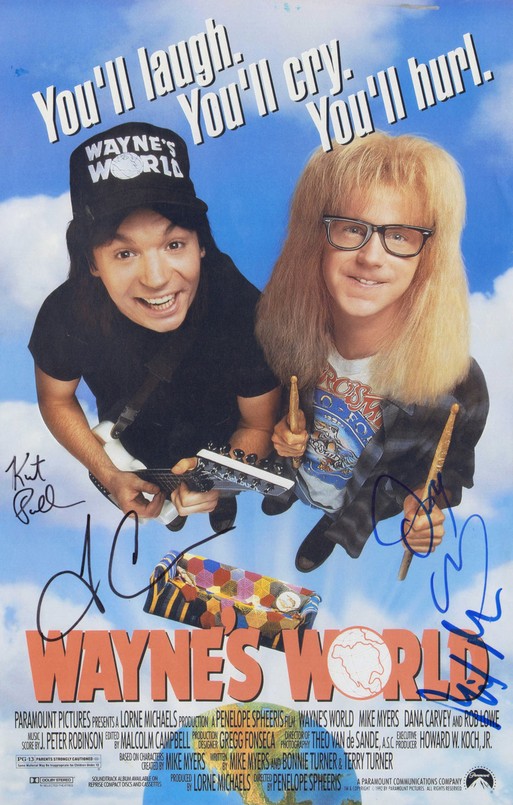Wayne's World 11x17 Mini Poster Cast Signed by Mike Myers, Dana Carvey, Tia Carrere, & Kurt Fuller