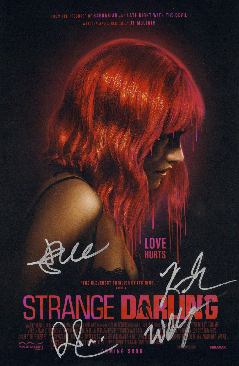 Strange Darling 11x17 Mini Poster Cast Signed by Willa Fitzgerald, Giovani Ribisi, Kyle Gallner, & JT Mollner